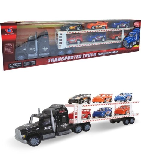 Friksjonsdrevet transporter lastebil i sort med 6 lekebiler 57 cm lang