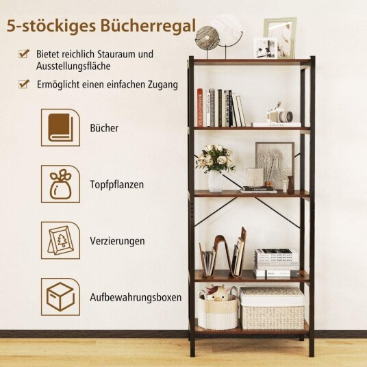 5 lags industriell bokhylle – tre og metall 161 cm