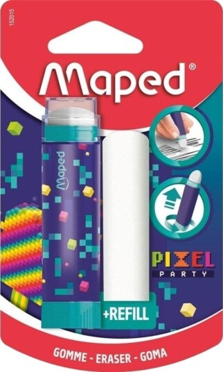 Maped Viskelær Pixel Party + Erstatningsviskelær, Blister I Leppestiftformat, Viskelær Tas Ut Via Dreiesystem, 1 Stk (152015)
