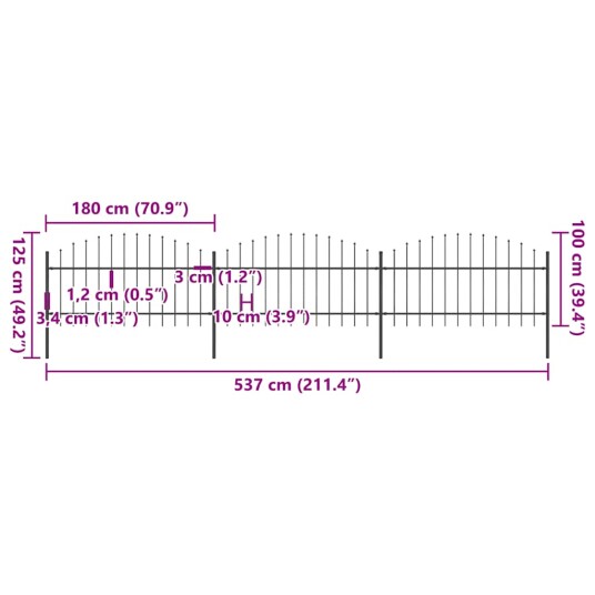 vidaXL Hagegjerde med spydtopp stål 1 1,25x5,1 m svart