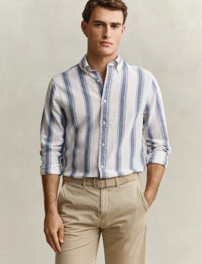 GANT Reg Cotton Linen Stripe Shirt Blue XXXL