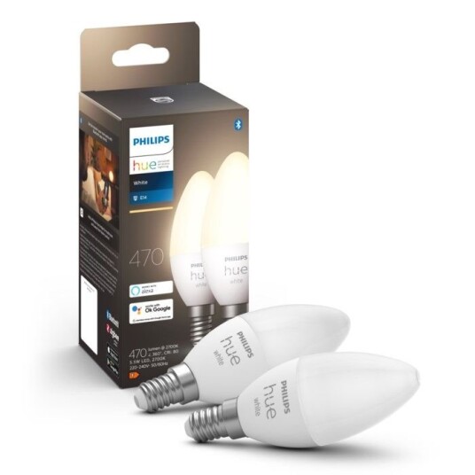 Philips Hue White Smart LED-pære E14 470 lm 2-pk. Philips Hue White Smart LED-pære E14 470 lm 2-pk.