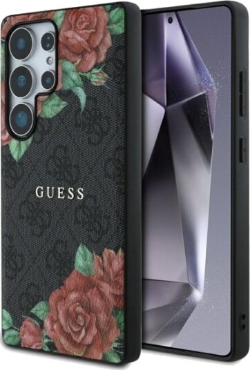 Guess Lær 4G Blomstermønster Metall Classic Logo Magsafe Deksel For Samsung Galaxy S25 Ultra Sort