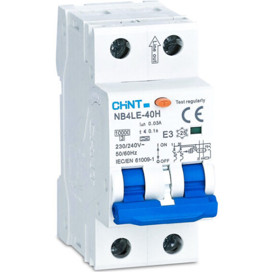 Chint Jordfeilautomat elektronisk 2pol 20A C-kar Type A 30mA 10kA - 1604547