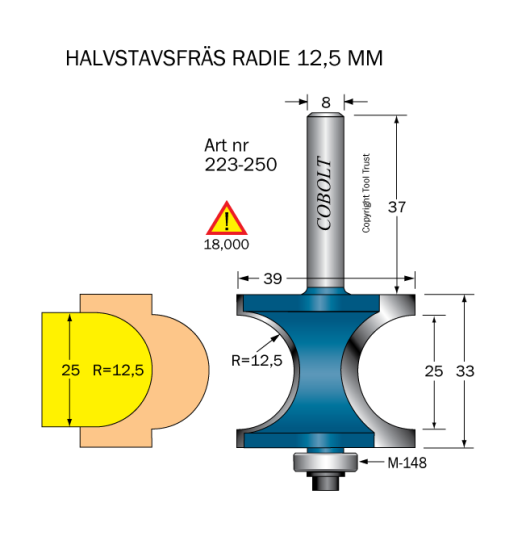 Cobolt 223-250 Halvendefres R=12,5 D=39 L=25/33 Maskintilbehør & forbruk