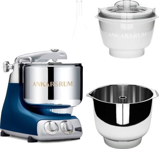 Ankarsrum Assistent Original AKM 6230 kjøkkenmaskin med iskremtilbehør og ekstra vispeskål ocean blue