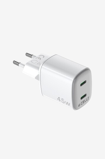 Celly USB-lader GaN 2 x USB-C PD 45W Kompakt og Effektiv Celly USB-lader GaN 2 x USB-C PD 45W Kompakt og Effektiv