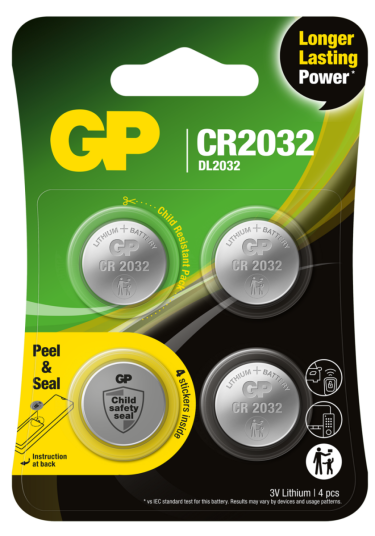 GP CR2032 Knappcellebatteri Lithium 4-pakning 3V med Safety Seal GP CR2032 Knappcellebatteri Lithium 4-pakning 3V med Safety Seal