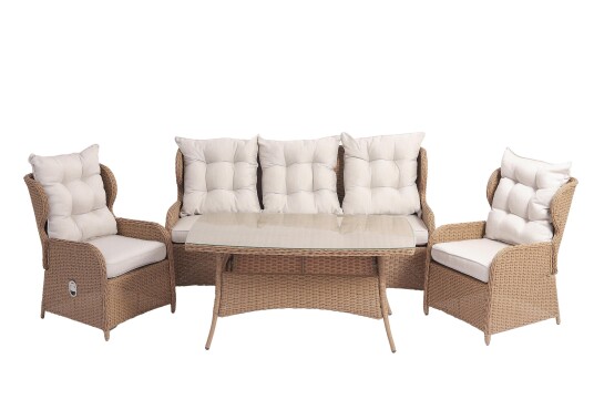 Venture Design Dottoria sofagruppe Natur med beige pute 3 seters sofa 2 lenestoler og bord 140x80 cm Natur