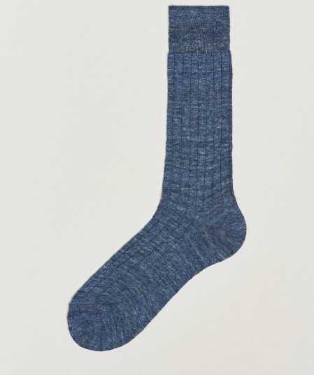 Bresciani Linen Ribbed Short Socks Blue Melange
