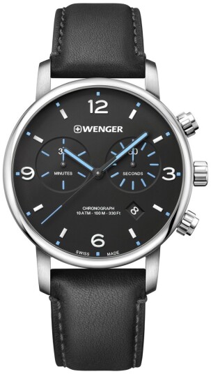 Wenger Herreklokke 01.1743.120 Sort/Lær Ø44 mm