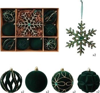 Julekule- og snøfnuggpyntesett med flokk – 8cm/16cm – 10 stk. – Grønn Julekule- og snøfnuggpyntesett med flokk – 8cm/16cm – 10 stk. – Grønn