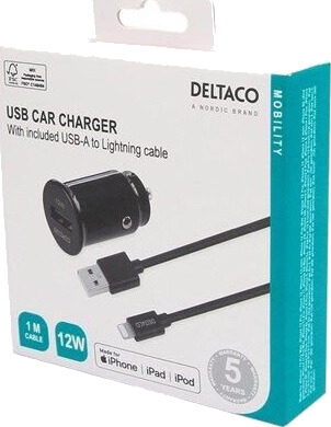 Deltaco USB-C bilstrømadapter med Lightning-kabel 12W, svart