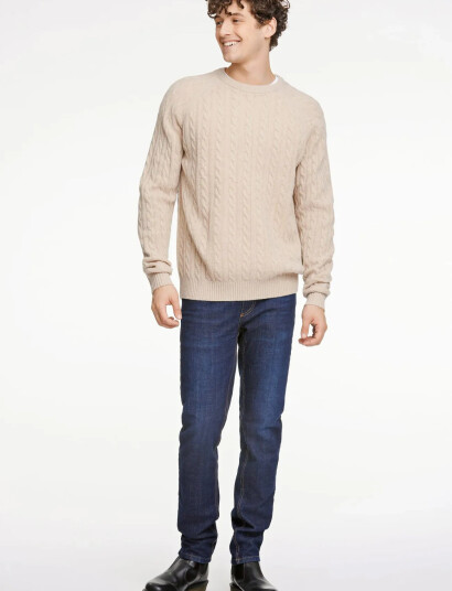 Lindbergh Lambswool Raglan Cable O-Neck Knit - Beige - L Lindbergh Lambswool Raglan Cable O-Neck Knit - Beige - L