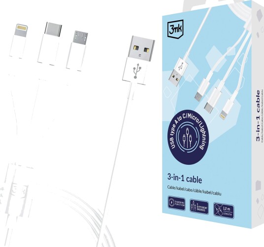 3Mk Usb-A Til Usb-C/Micro Usb/Lightning-Kabel 1,2 M 20V/2,4A 15W Hvit Mm Global 3Mk Usb-A Til Usb-C/Micro Usb/Lightning-Kabel 1,2 M 20V/2,4A 15W Hvit Mm Global