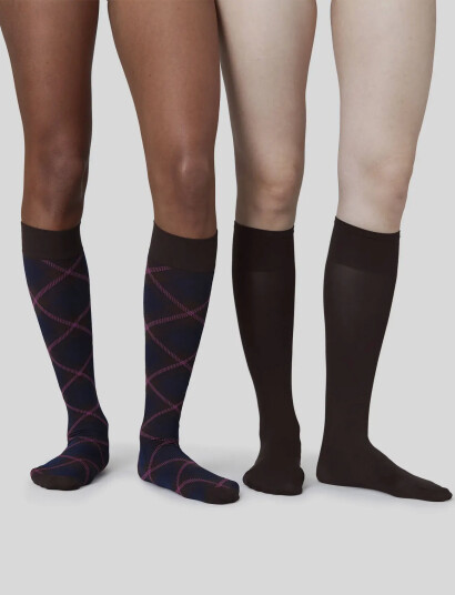 Swedish Stockings 2-Pack Franka Check & Solid Knee Highs - Brown - ONE SIZE