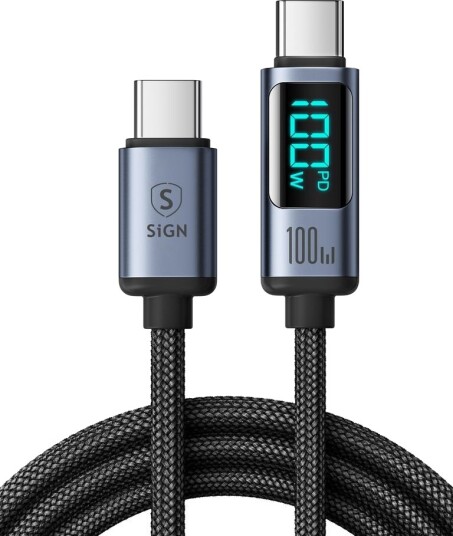 SiGN USB-C til USB-C-kabel 100 W med skjerm, 1,2 m - svart