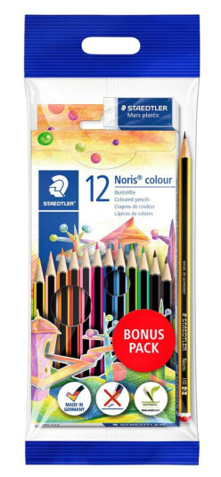Staedtler Noris Colour kit 12 Sekskantede fargeblyanter, HB blyant og visk