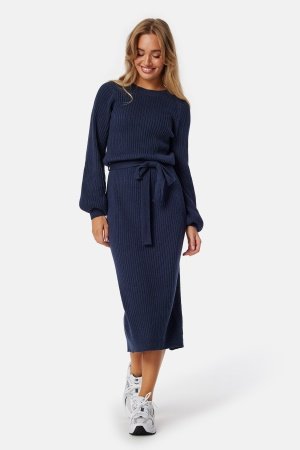 BUBBLEROOM Round Neck Rib Knitted Midi Dress Navy XS