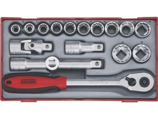 Teng Tools 18-delt Pipenøkkelsett med Skrallehåndtak og Forlenger Teng Tools 18-delt Pipenøkkelsett med Skrallehåndtak og Forlenger