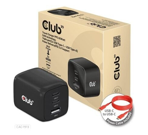 Club 3D CAC-1913 power adapter - GaN technology triple port - USB Type A 2 x USB-C - 65 Watt Club 3D CAC-1913 power adapter - GaN technology triple port - USB Type A 2 x USB-C - 65 Watt