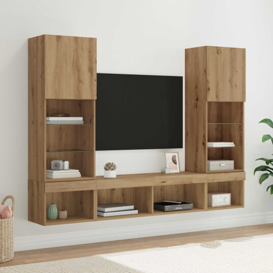 TV veggenheter med LED med LED 5 pcs Artisan Eik Konstruert tre TV veggenheter med LED med LED 5 pcs Artisan Eik Konstruert tre