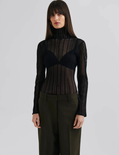 Malina Zelie Sheer Knitted Turtleneck Top - Black - XS