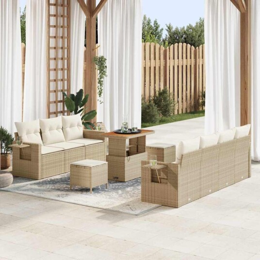 10-dels hagesofa-sett med puter i beige poly rattan og akacia