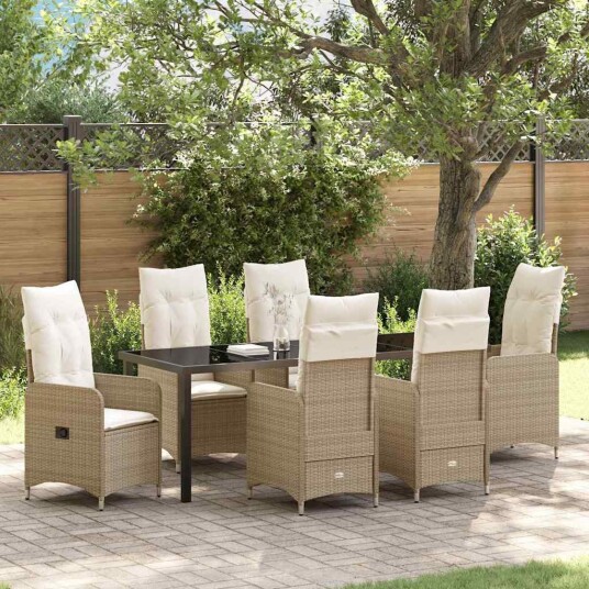 7 Delt Hage Spisebordsett med Puter Beige Poly Ratt