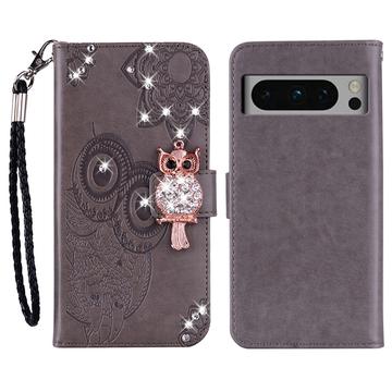 Google Pixel 8 Pro Ugle Rhinestone Lommebok-deksel grå