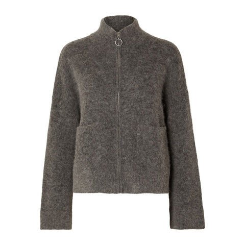 Selected Femme Sia Ras LS Knit Zipper Cardigan - Medium Grey Melange S Selected Femme Sia Ras LS Knit Zipper Cardigan - Medium Grey Melange S