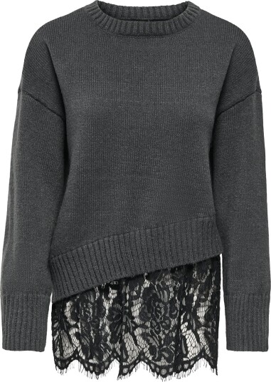 ONLY Onlevie Ls Lace Mix O Neck Knt DARK GREY MELANGE S