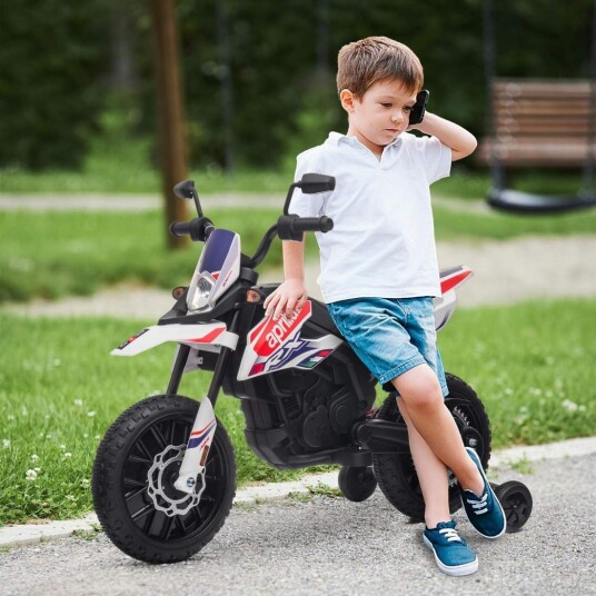 El motorsykkel for barn 12V barnemotorsykkel med musikk 6 km/t barnevogn med avtagbare treningshjul 12 tommers plastdekk for