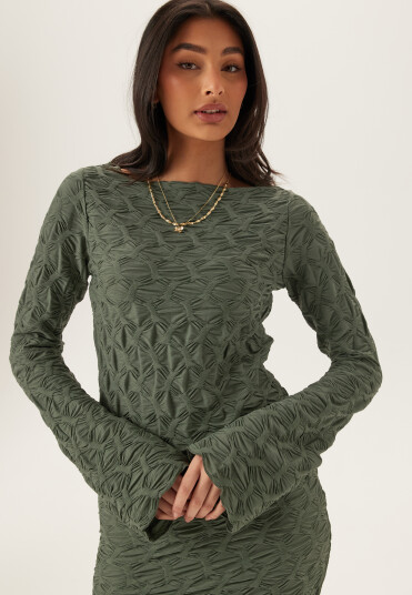 Bubbleroom Structure Long Sleeve Midi Dress Khaki green XL