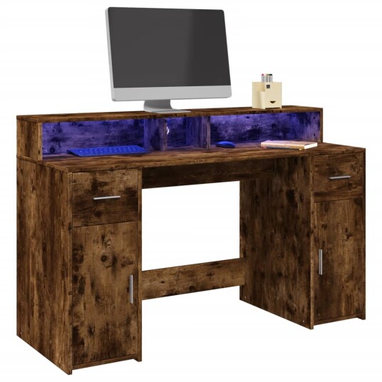 Skrivebord med LED-lys røkt eik 140x55x91 cm konstruert tre