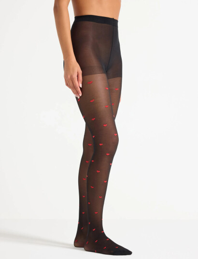 Lindex Tights 40 Den Red Hearts Black XS