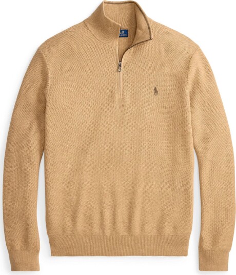 Polo Ralph Lauren Mesh Knit Cotton Quarter Zip Sweater   CAMEL MELANGE   M