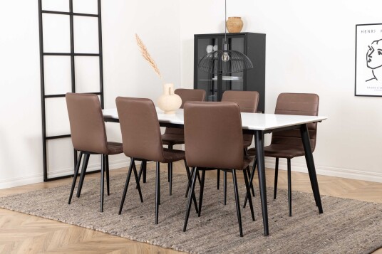 Venture Design Jimmy & Windu spisegruppe Brun/hvit 6 stoler & bord 195 x 90 cm
