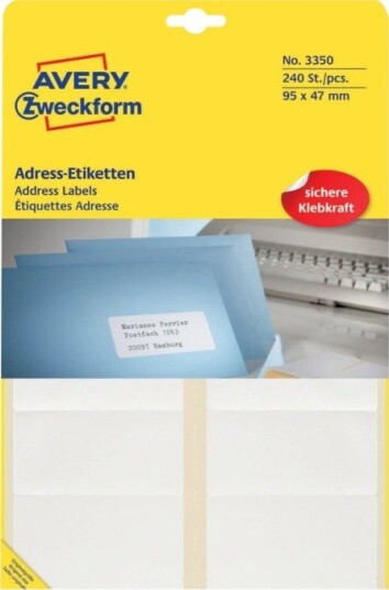 Avery Zweckform - Permanent Selvklebende - Hvit - 95 X 47 Mm 240 Etikett(Er) (20 Ark X 12 Adresseetiketter) Avery Zweckform - Permanent Selvklebende - Hvit - 95 X 47 Mm 240 Etikett(Er) (20 Ark X 12 Adresseetiketter)
