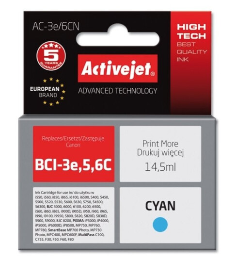 Activejet Ac-3E/6Cn Compatible Cyan Canon Canon: I550 I560 I850 I865 I6100 I6500 S400 S450 S500 S520 S530 S600 S630 S750,... 1 Stykker Inkjet-Utskrift