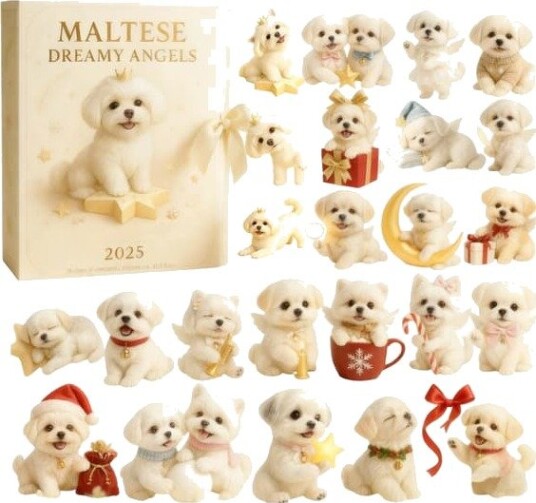 Julekalender – Malteserhund design – Akrylpynt – 24 dagers nedtellingskalender til jul / Julepynt Julekalender J