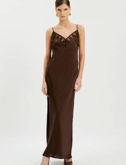 Bardot Bonita Lace Trim Maxi Dress Brown 34