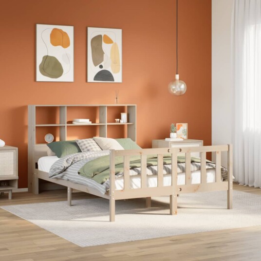 Seng med bokhylle uten madrass 140x200 cm heltre furu 8721158604910