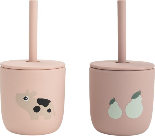 Done By Deer Silicone Straw Cup 2-Pack Tiny Farm Powder Pink