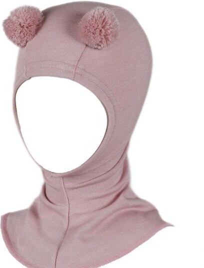 Kivat balaclava i ullsilke med dusker Pudderrosa 3 6 mnd