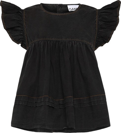Ganni Garment Dyed Cotton Frill Sleeve Top Black 36
