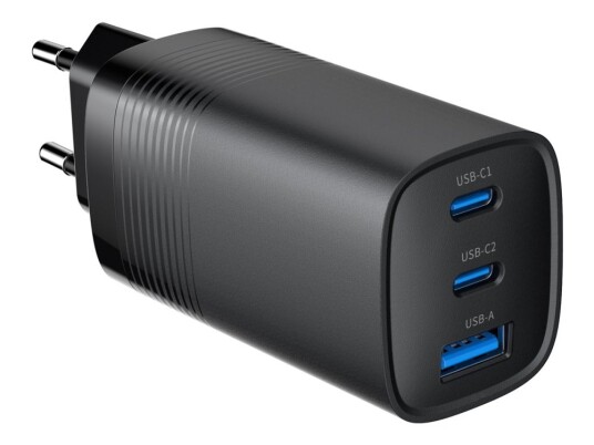 Gembird 65W USB-C Hurtiglader med 3 Utganger - Svart