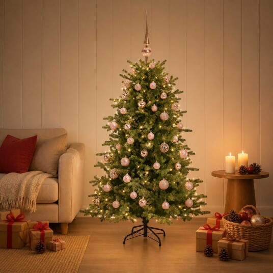 vidaXL Kunstig juletre med julekuler 120 cm 150 LED-lys Varmhvit