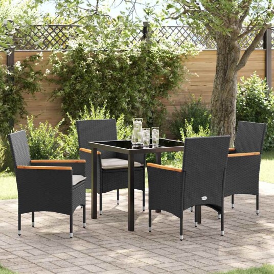 5 Delt Hage Spisebordsett med Puter i Svart Poly Rattan