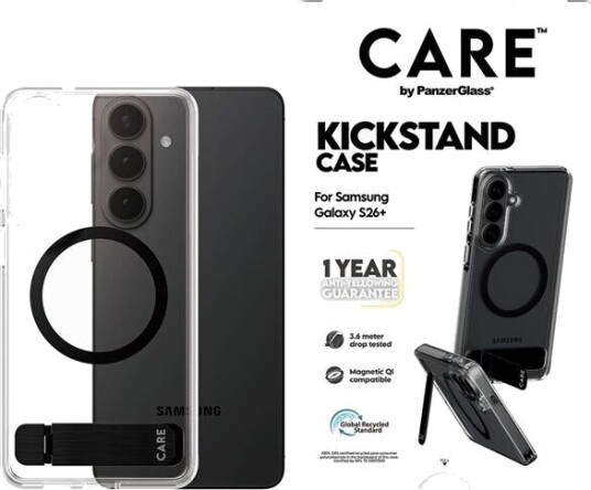 CARE by PanzerGlass Urban Explorer Mobildeksel til Samsung Galaxy S26+ med Kickstand og Qi-kompatibilitet - Gjennomsiktig/Svart